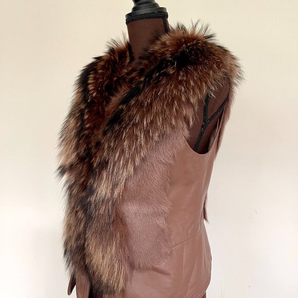 NWOT Tan Brown Leather Vest Real Fox Fur L size - Picture 3 of 16